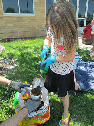 little girl putting soil into a cup