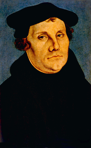 A painted portrait of Martin Luther.