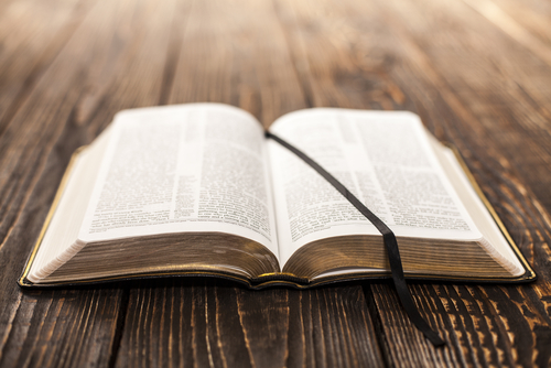 A Bible lays open to a favorite verse on a wooden table.