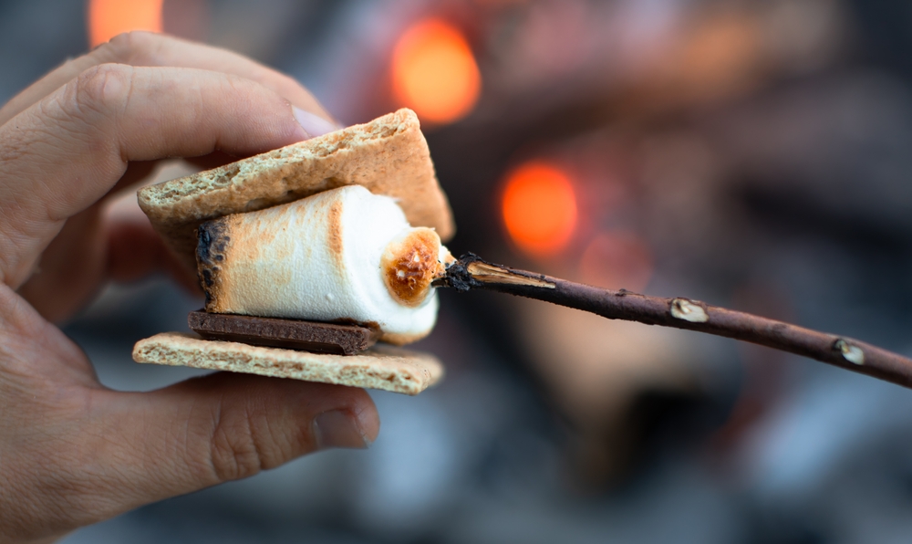 Close-up image of a hand making a s’more with a fire in the background.