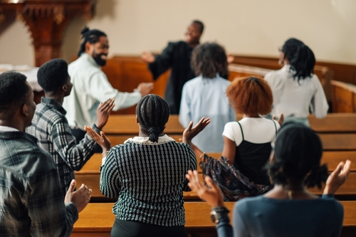 A group attends a church service.