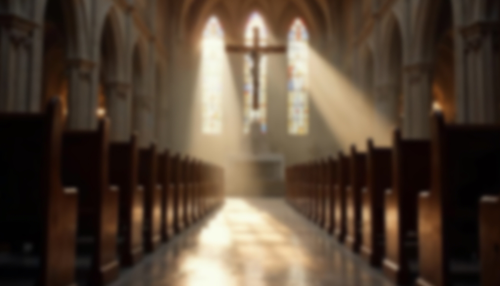An empty church with light coming through the stained glass windows.